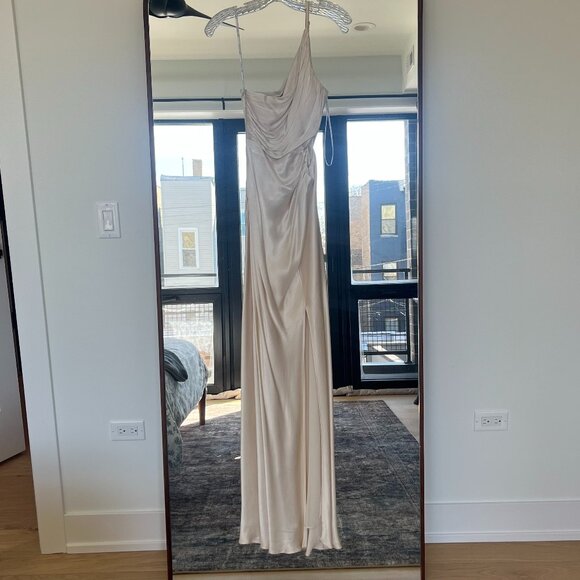 Shona Joy Cream Asymmetrical Ruched Gown - Picture 8 of 8